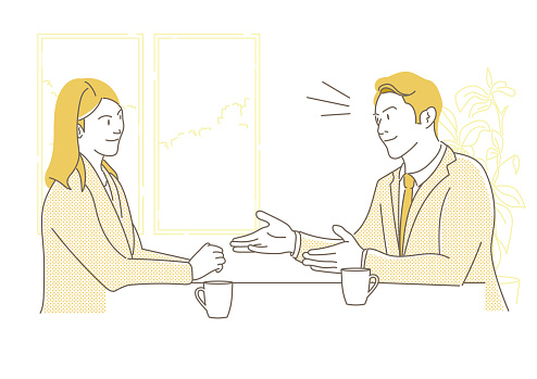 An illustration of male and female business people having business talks.