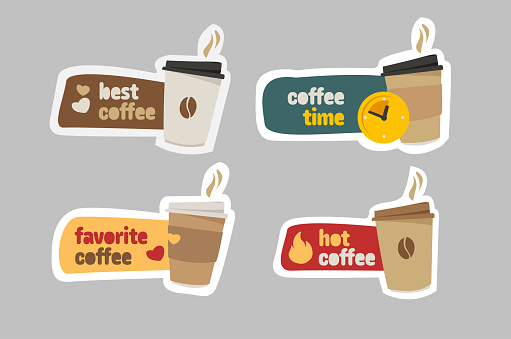 Set, stickers of simple drawn cups of hot coffee with text. The concept of favorite coffee, breaks, the best types of coffee. Vector illustration