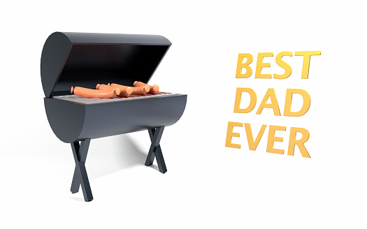 Elegant minimal Happy Fathers Day greeting card and flyer design with barbecue and hot dogs against white background. Easy to crop for all your social media and print sizes.