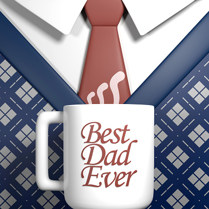 Elegant minimal Happy Fathers Day greeting card and flyer design with a full coffee cup while he is at the background. Easy to crop for all your social media and print sizes.