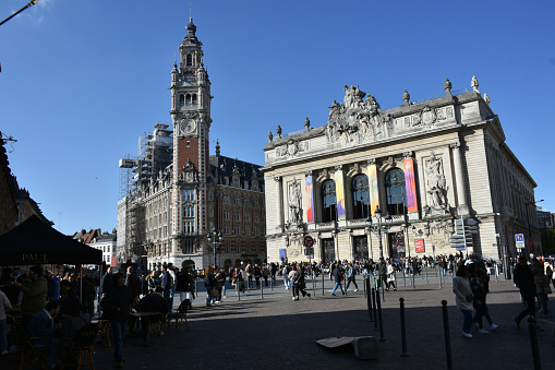 Lille French Flanders France Europe, Chambre De Commerce, Chamber Of Commerce, Opera De Lille, Land Vehicle, People Walking, Restaurant Scene During Springtime