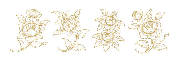 Set gold flowers asian style buddhism temple element decoration Set gold flowers asian style buddhism temple element and background pattern decoration motifs for ceiling pattern, flyers, poster, web, banner, and card concept vector illustration pics of restaurant ceiling design stock illustrations