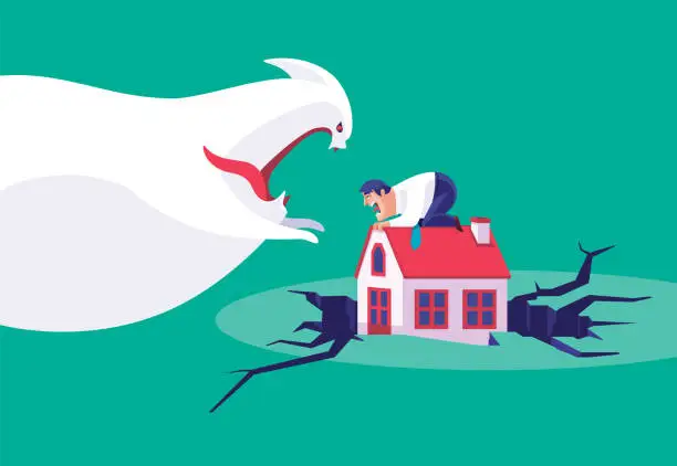 Vector illustration of businessman holding house trapped on cracked ground with angry ghost approaching