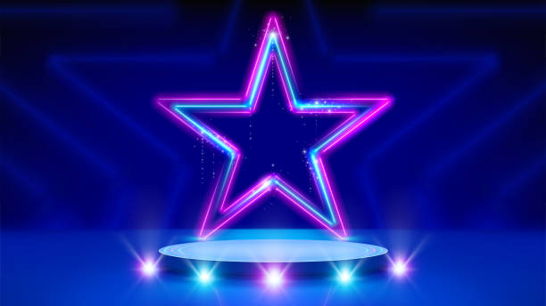 istock Neon stars, podium, stage light, glowing led star. Background for awards ceremony. Stage. Pink blue purple sparkling neon star, led lines. Backdrop for displaying products. Vector illustration 1494512097
