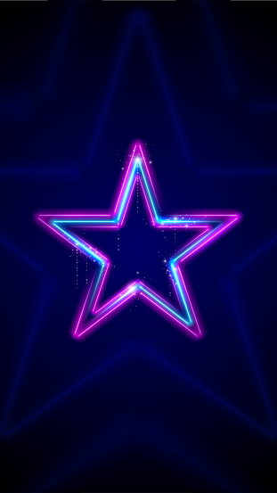 Neon, led star. Background, mobile phone wallpaper. Pink blue purple sparkling neon star, glowing led lines. HD, 4k backdrop, wallpaper. Vector illustration