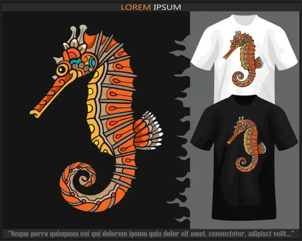 Vector illustration of Colorful Seahorse mandala arts isolated on black and white t shirt.