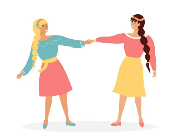 Vector illustration of Girls holding hands, female friendship. Cartoon flat characters isolated on white background.