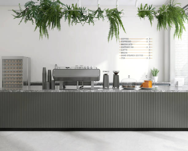 Minimal, luxury design cafe, gray wood panel counter front with espresso machine, cake display, coffee grinder, cup, tropical green foliage of fern hanging from ceiling in sunlight on white wall
