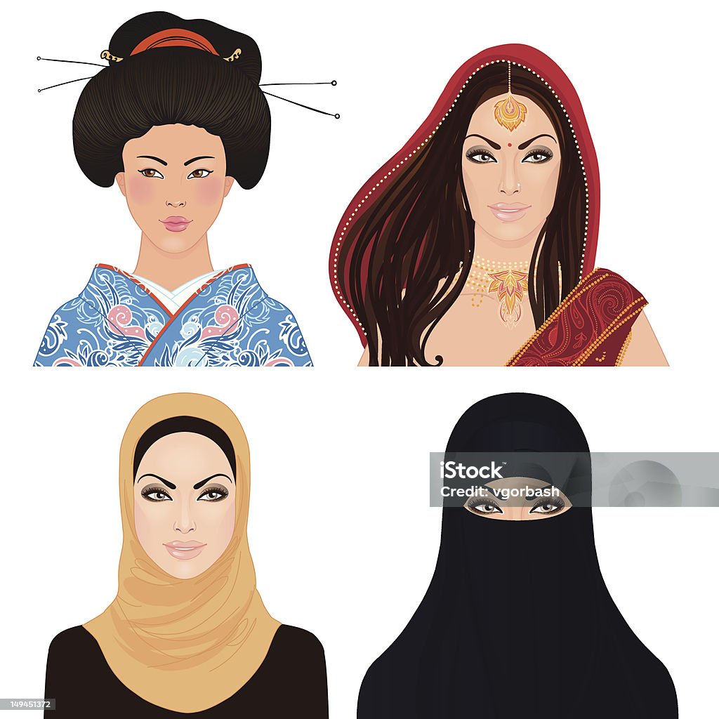 Avatar Conjunto de ícones: Mulher asiática retratos - Vetor de Islã royalty-free