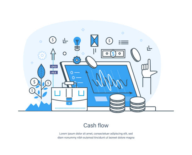 Cash flow, budget management, money earning, financial control Cash flow, budget management, money earning, financial control. Business income and expenses. Income from interest, investments, royalties, licensing agreements thin line design of vector doodles accounting drawings stock illustrations