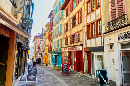 Bayonne, France - April 19, 2023: Old buildings in Bayonne town, Aquitaine, France. High quality photography