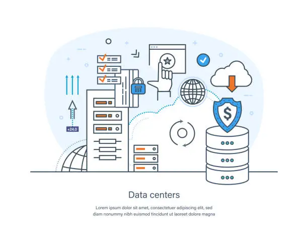 Vector illustration of Data center, cloud storage, database digital information computer technology