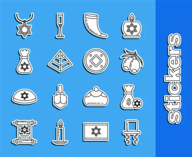 Vector illustration of Set line Orthodox jewish hat with sidelocks, Jewish money bag star of david and coin, Olives branch, Traditional ram horn, shofar, Egypt pyramids, Star David necklace chain and icon. Vector