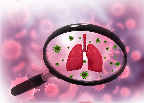 Human respiratory virus infection magnifying glass. 3d illustration