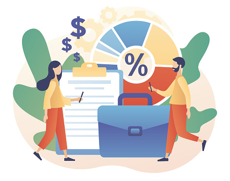 Tiny people with stock portfolio planning invest strategy, savings and budgets. Investment portfolio. Diversified assets. Financial management concept. Modern flat cartoon style. Vector