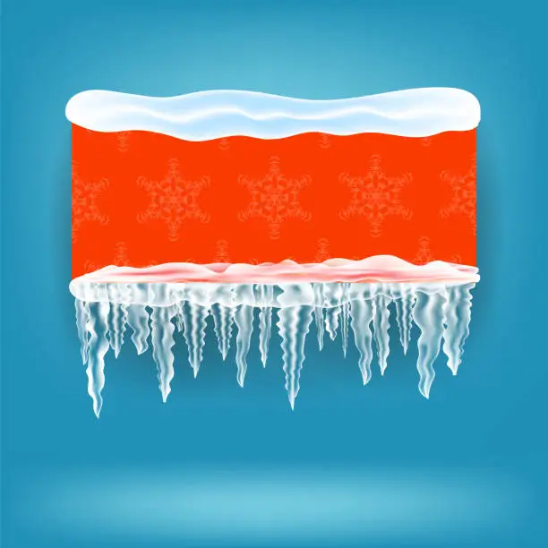 Vector illustration of Vector Snow Ice Frame and Red Banner on Blue Background. Christmas Card Design Element. Winter Snowcap