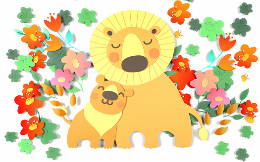 Illustrative drawing of a lion family of father with his kid posing and hugging each other on white background. Happy Fathers Day greeting card template. Easy to crop for all your social media and print sizes.