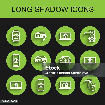 istock Set line Laptop with smart home, Mobile phone house under protection, Smart watch, and alarm, Digital door lock wireless technology for lock, light bulb, wi-fi and House temperature icon. Vector 1494518659