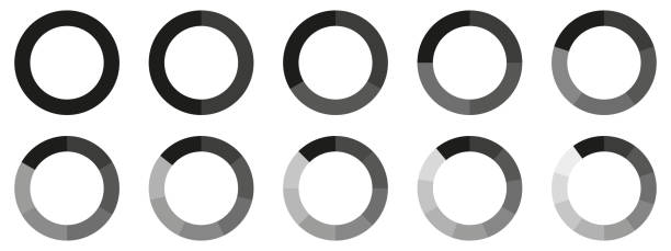 원 분할 다이어그램 3, 10, 7, 그래프 아이콘 파이 모양 섹션 차트. 세그먼트 원 라운드 벡터 6, 9 devide 인포 그래픽 - gear machine part wheel four objects stock illustrations