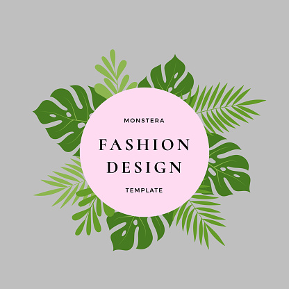 istock Monstera Palm Tropical Leaves Fashion Design Card. Abstract Green Foliage with Round Banner and Classic Typography. Pink Pastel Colors. 1494520493