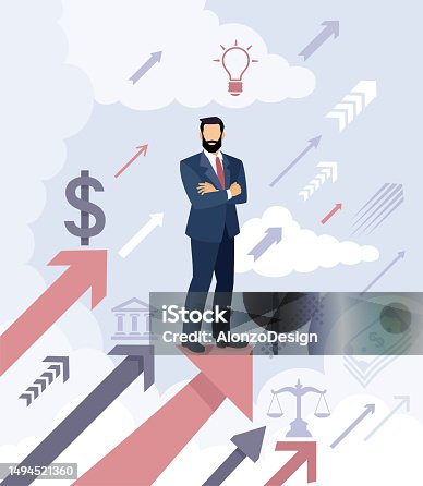 istock Businessman standing on a red arrow up go to success in career. 1494521360