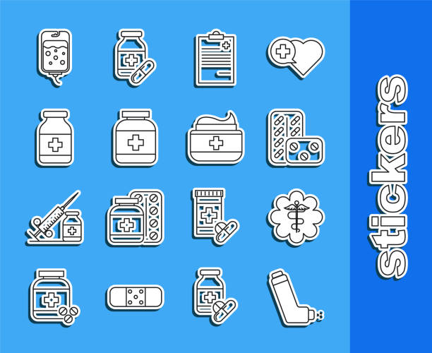 Set line Inhaler, Pills in blister pack, Medical clipboard clinical record, Medicine bottle, IV bag and Ointment cream tube medicine icon. Vector Set line Inhaler Pills in blister pack Medical clipboard clinical record Medicine bottle IV bag and Ointment cream tube medicine icon. Vector. 加密货币质押 stock illustrations
