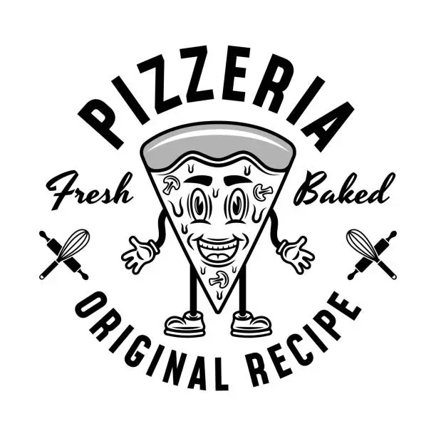 Vector illustration of Pizza piece cartoon character vector emblem, logo, badge or label in vintage monochrome style isolated on white