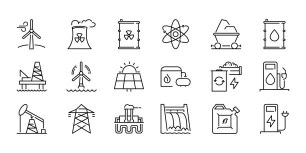 ilustraciones, imágenes clip art, dibujos animados e iconos de stock de ecología iconos de energía renovable ilustración vectorial icono de estilo de línea gruesa - música industrial