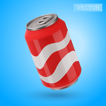 3D Render Of A Red Tin Can. Drink, Fast Food. Junk Unhealthy Beverage. Bright Illustration In Cartoon 3D Style Isolated On A White Background