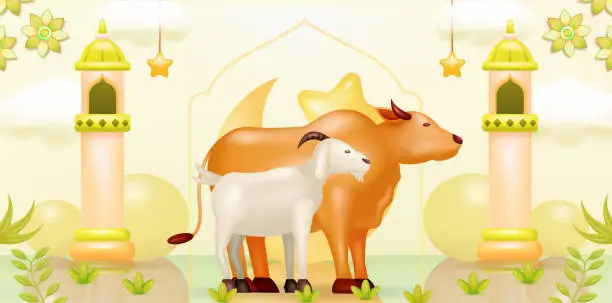 Vector illustration of Eid al-Adha 3d vector. Illustration of goat and cow with Islamic and Arabic background for Muslim Community Festival. Islamic fest. Perfect for banners and design assets
