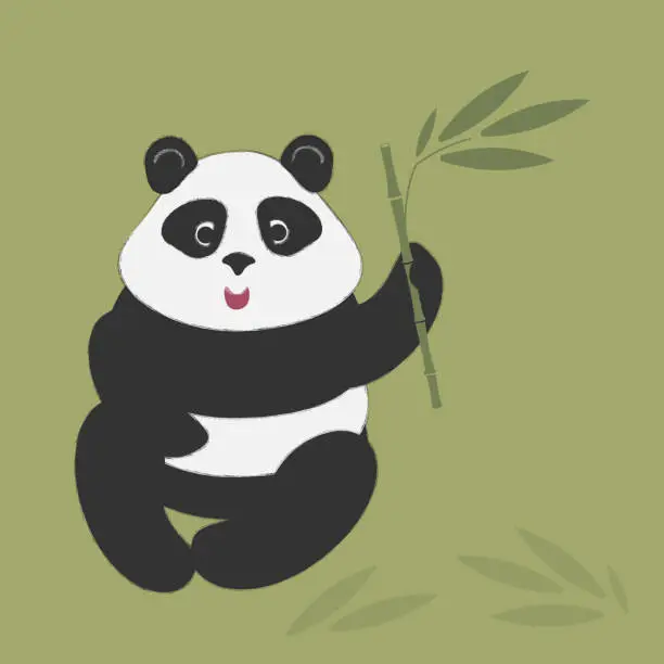 Vector illustration of A Cartoon Panda Holding a Bamboo Twig