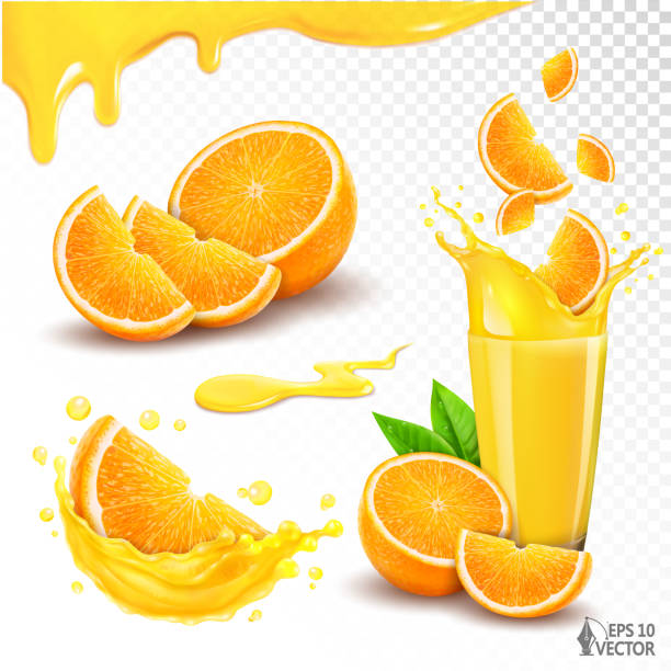 реалистичный векторный набор оранжевых фруктов. стакан свежевыжатого апельсинового сока с кусочками и дольками фруктов изолирован на бел� - smoothie fruit orange juice stock illustrations
