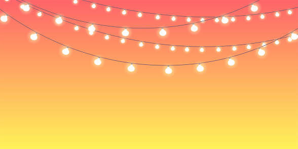 Garland of electric lights.  Sunset gradient background. Vector design.