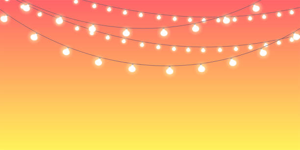 Garland of lights Garland of electric lights. Sunset gradient background. Vector design. lanterns at night stock illustrations