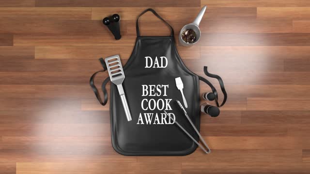 Happy Father's Day Greeting Card Banner or Flyer with Barbecue Grill Items and Apron in 4K Resolution