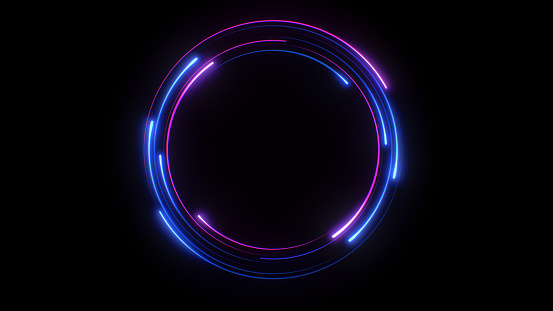 3d render circular blue and purple light background, in the style of digital neon in 4k