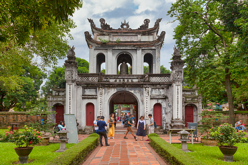 Hanoi, Vietnam - August 18 2018: Gate of the Confucius Temple of Literature hosting the Imperial Academy, the Vietnam's first national university.