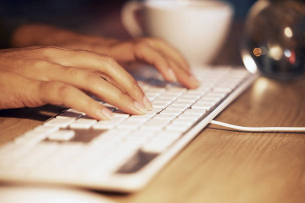 istock Keyboard, hands and night woman typing online data analysis, feedback report or customer experience insight. Brand monitoring employee, social media research and worker review digital web analytics 1494530544