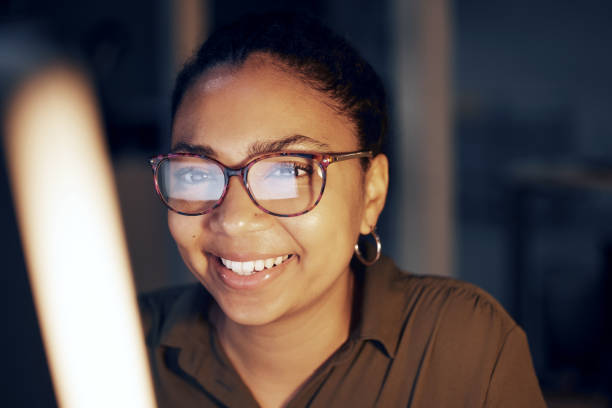istock Computer night, face portrait and black woman review article for media app, website database or social network feedback. Brand copywriting, online blog editor and happy journalist editing news post 1494531885