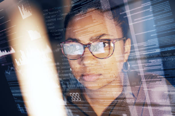 istock Future dashboard, statistics and woman reading data analysis of fintech insight hud, administration or bank accounting. African financial analyst, night overlay face or accountant review office chart 1494531892