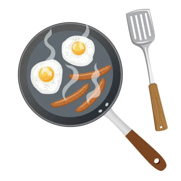 Vector illustration of Frying Pan With Sausage And Eggs On A Transparent background