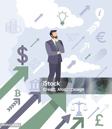 istock Businessman standing on a red arrow up go to success in career. 1494532953