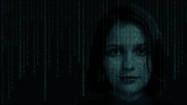 istock Female face with matrix digital numbers artifical intelligence AI theme with human face. 1494532954
