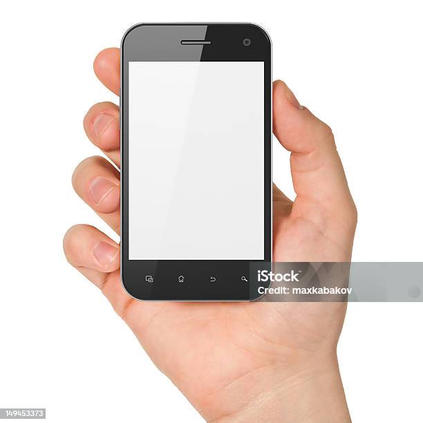 Mans Hand Holding Smartphone Isolated On White Background Stock Photo - Download Image Now