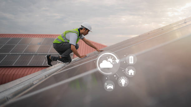 istock Service engineer checking solar cell on the roof for maintenance if there is a damaged part. Engineer worker install solar panel. Clean energy concept. 1494534197