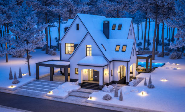 3d rendering of white and black modern tudor house in winter night - house residential structure non urban scene tudor style imagens e fotografias de stock