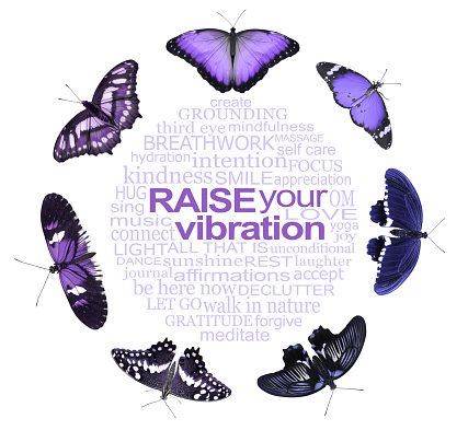a perfect circular word cloud relevant to spirituality and raising your vibration surrounded by seven different purple lilac butterflies