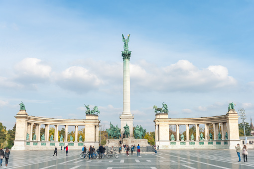 Budapest, Hungary - October 26, 2015: Heroes Square in Budapest, Hungary with local people and tourist.