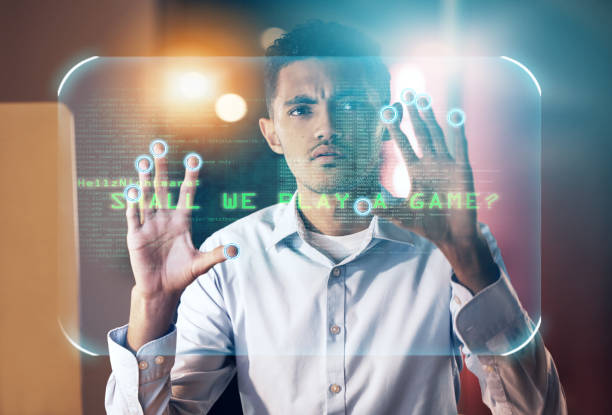istock Futuristic, hologram and touch screen, man in future technology and digital overlay on data in virtual reality. Hands on biometric cyber security business, innovation and ux design user in vr office. 1494537815