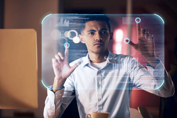 istock Futuristic, business and touch screen hud, man with future technology and digital overlay data in virtual reality. Hands on biometric cyber system hologram, innovation and ux design user in vr office 1494537816